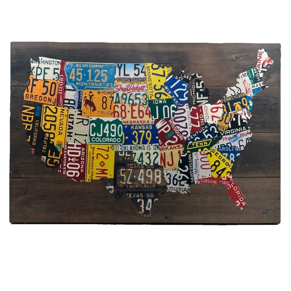 Wood Style USA Map Wall‎ Art License Plate Rustic Americana Decor